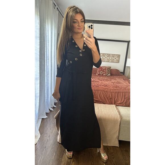 NWT Boston Proper Size Small Black 3/4 Sleeve Gold Grommet Maxi Dress - Picture 1 of 12